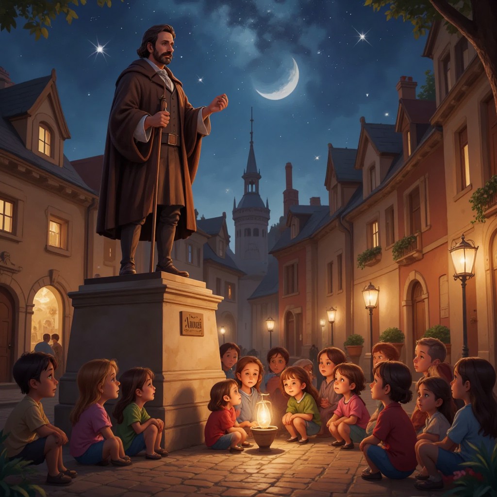A statue of Joshua the Magnificent in the town square, children gathered around listening to his story being told.
