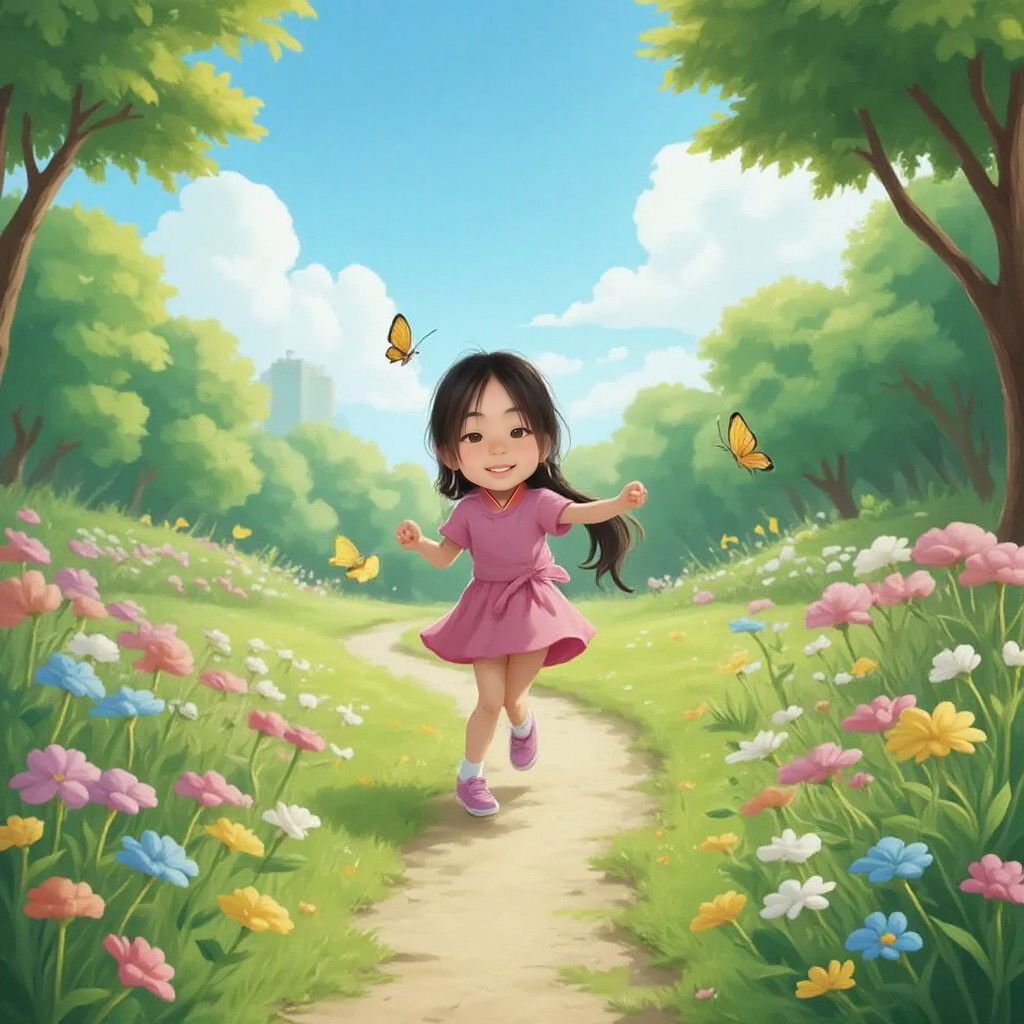 Yoyo skipping along a path in a park filled with vibrant flowers, looking delighted