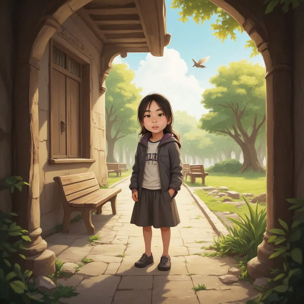 Yoyo exploring an old building and a bright park, looking thoughtful and inspired