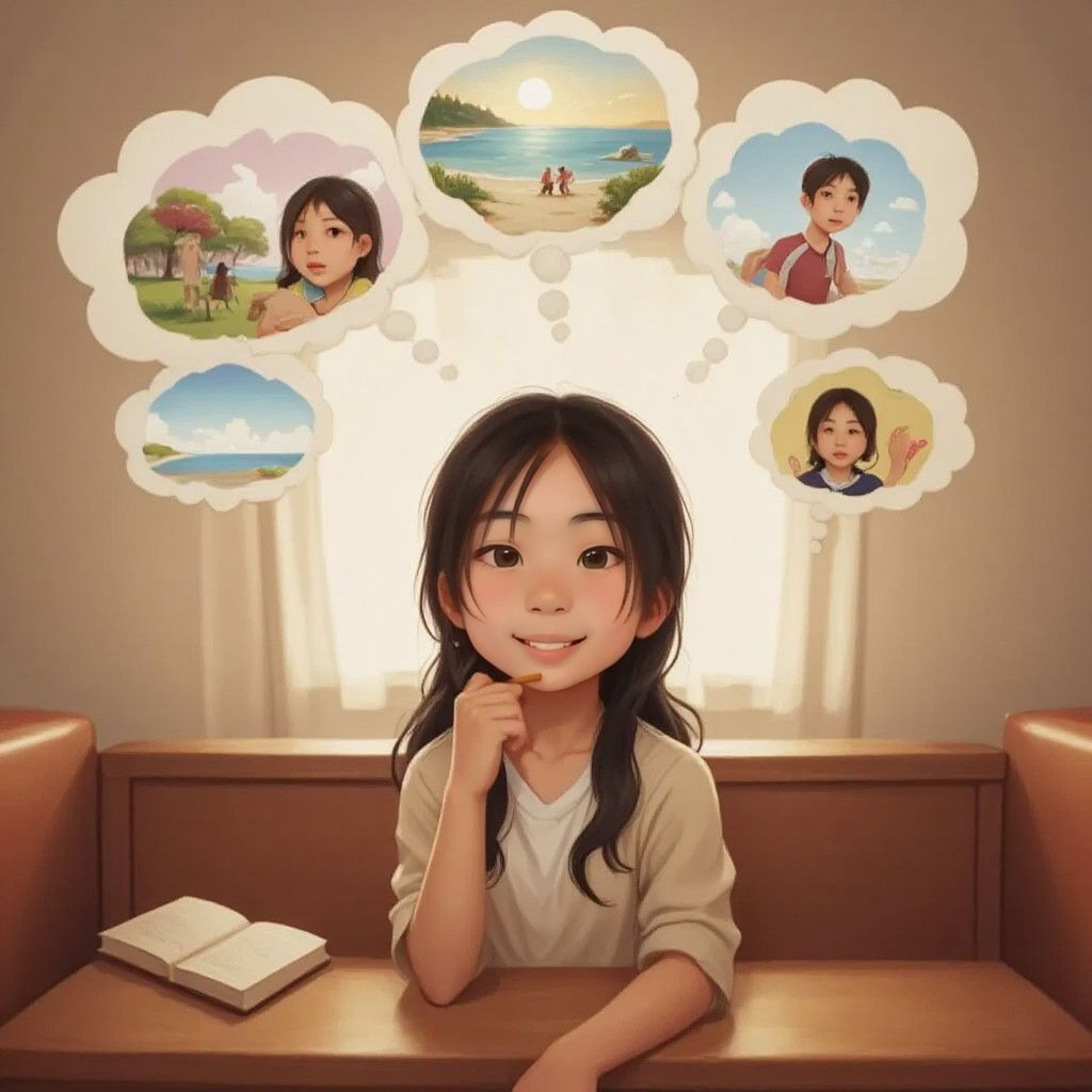 Yoyo reflecting on her journey, with memories of parks, the sea, and friendly faces in thought bubbles around her