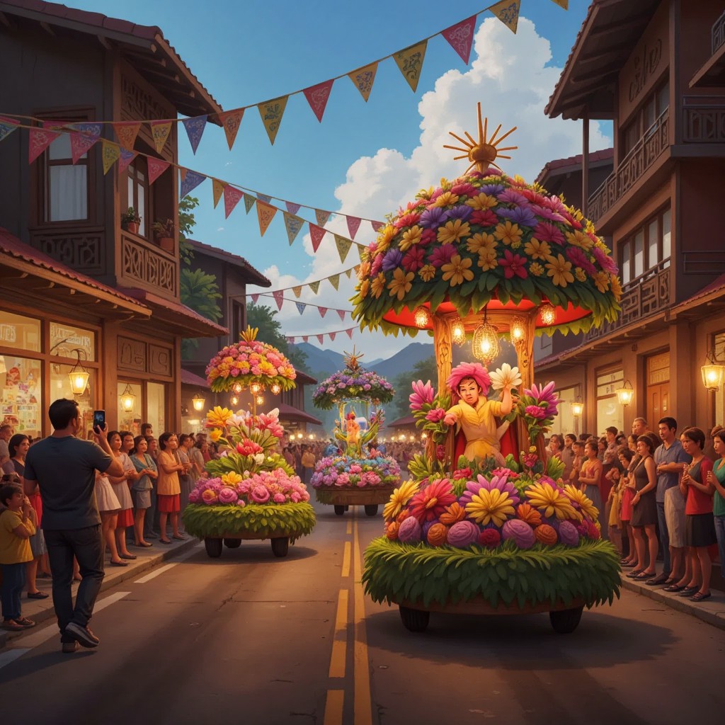 A vibrant festival scene with colorful flower floats in a parade, people gathered in the streets of Baguio celebrating.