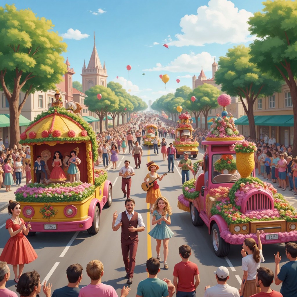 A lively flower parade with colorful floats and musicians playing joyful music, emphasizing unity and joy.
