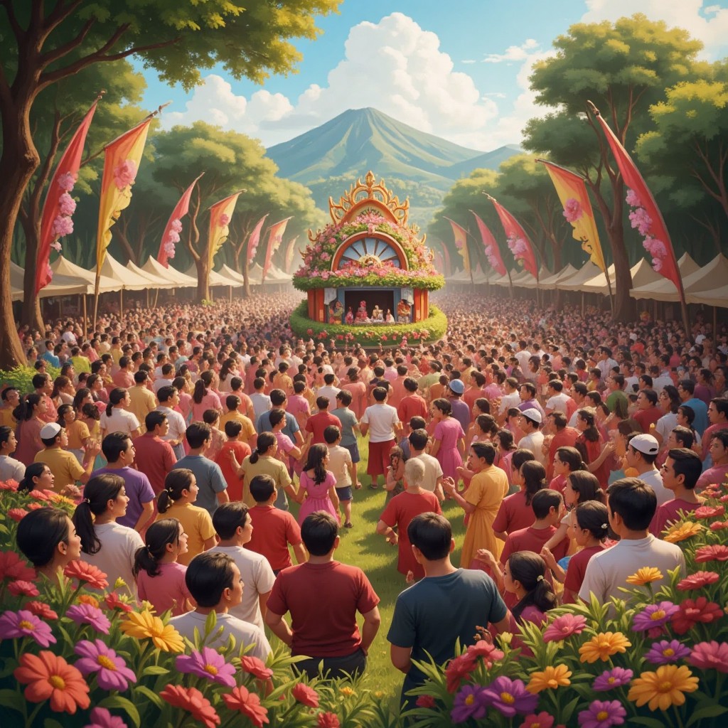 A community gathering during Panagbenga, with people celebrating amidst a backdrop of flowers, symbolizing hope and unity.