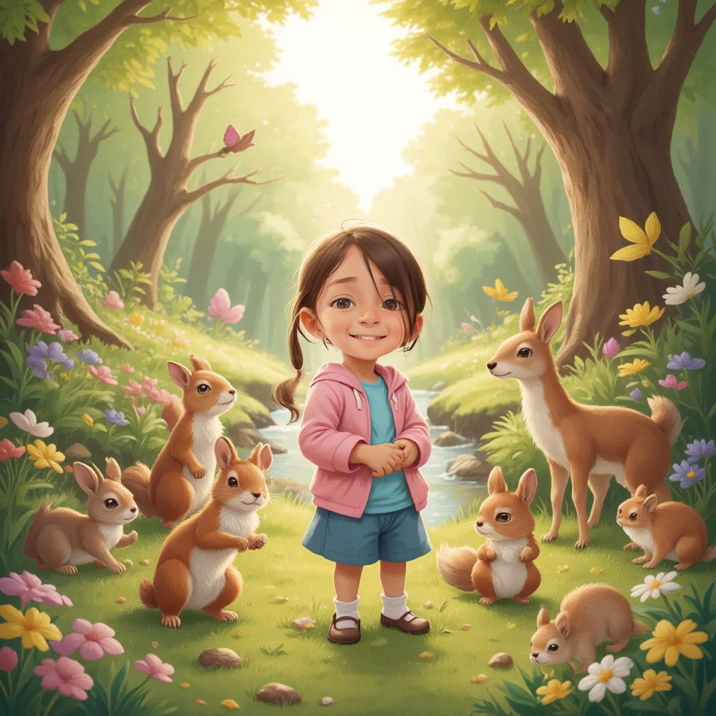 Mily 2 smiling, surrounded by various furry animals in a lush, colorful setting.