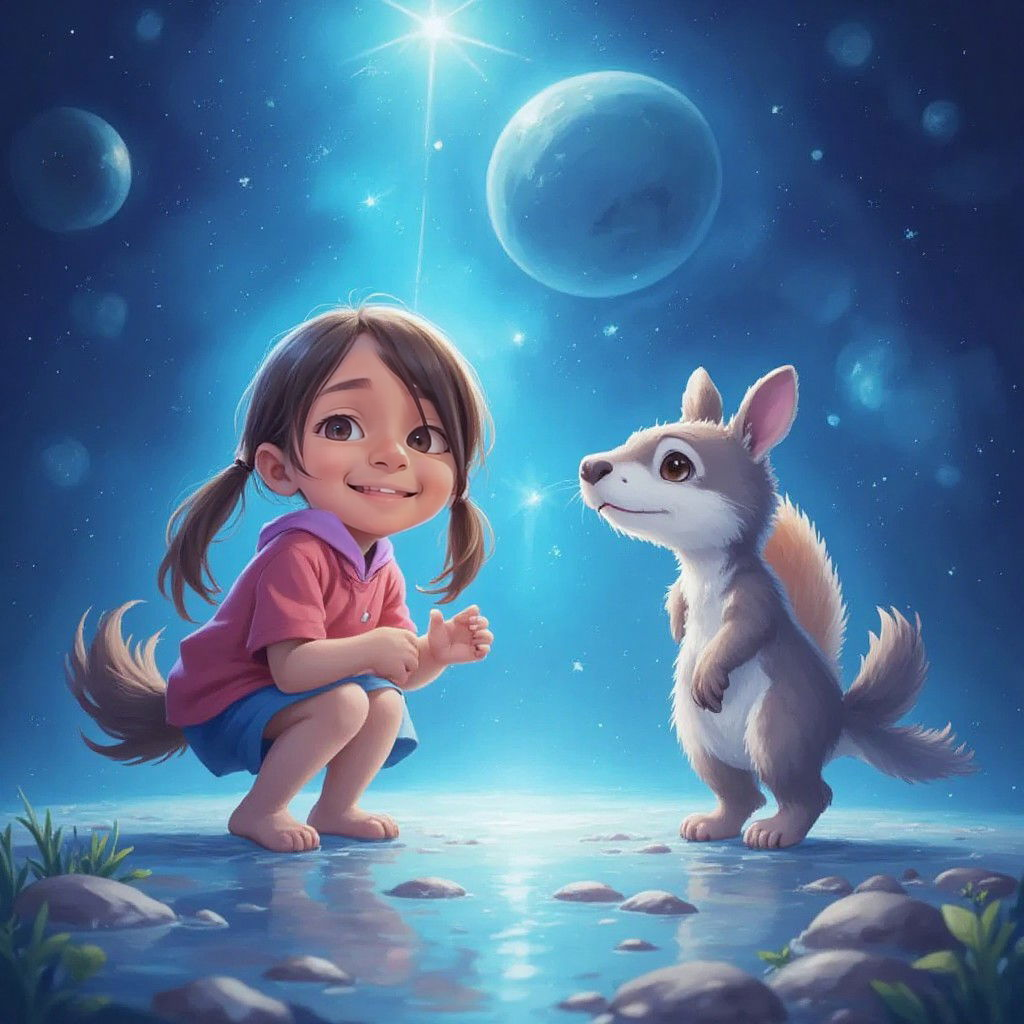 Mily 2 happily chatting with a new animal friend on a sparkling blue planet.