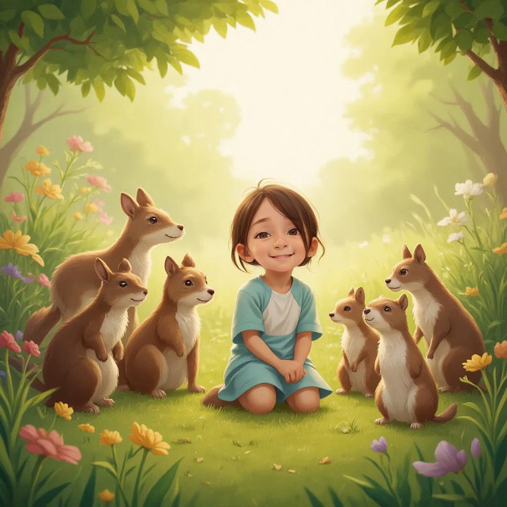 Mily 2 speaking earnestly to a group of animals, her expression kind and sincere.