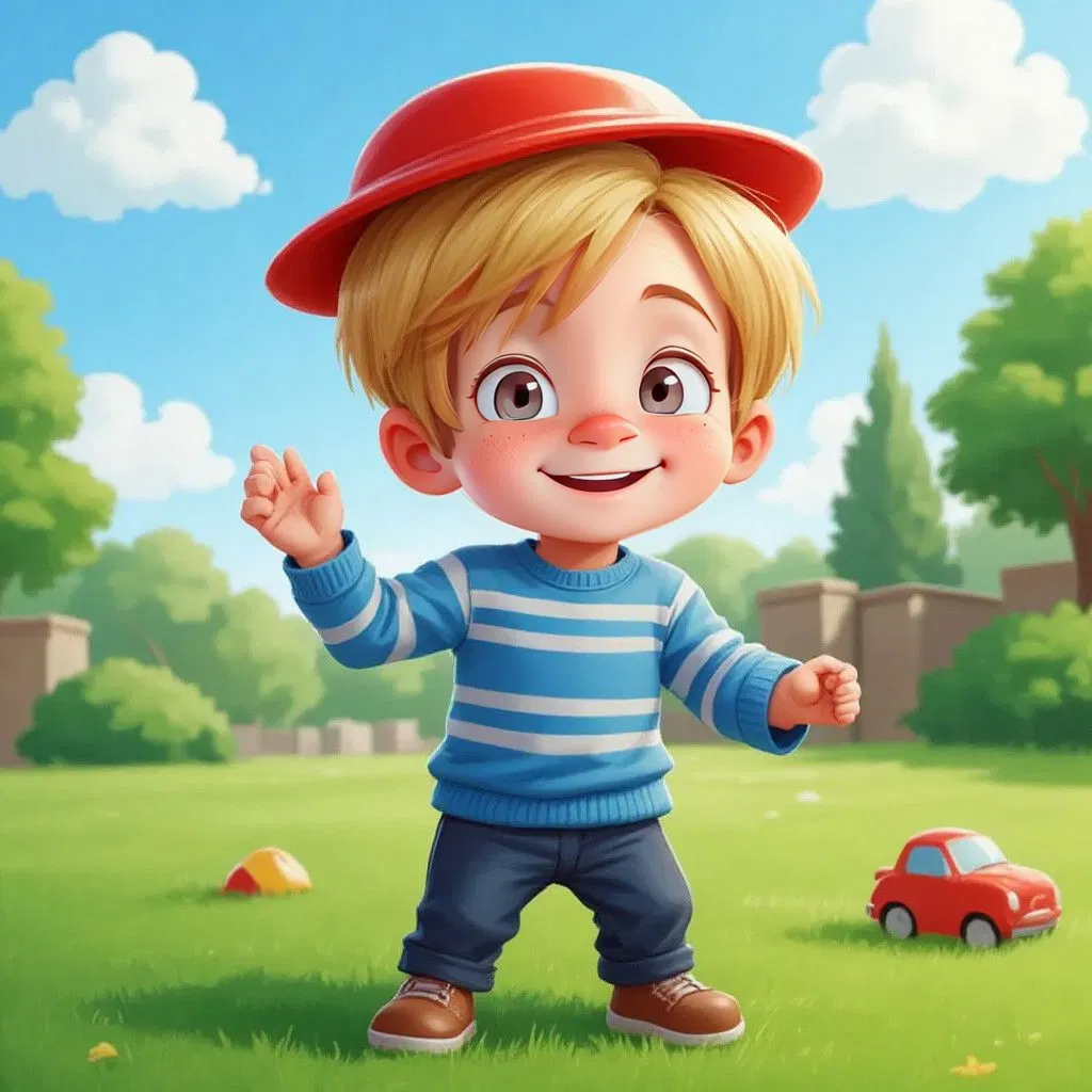 Sam wearing a bright red hat, smiling as he plays outside