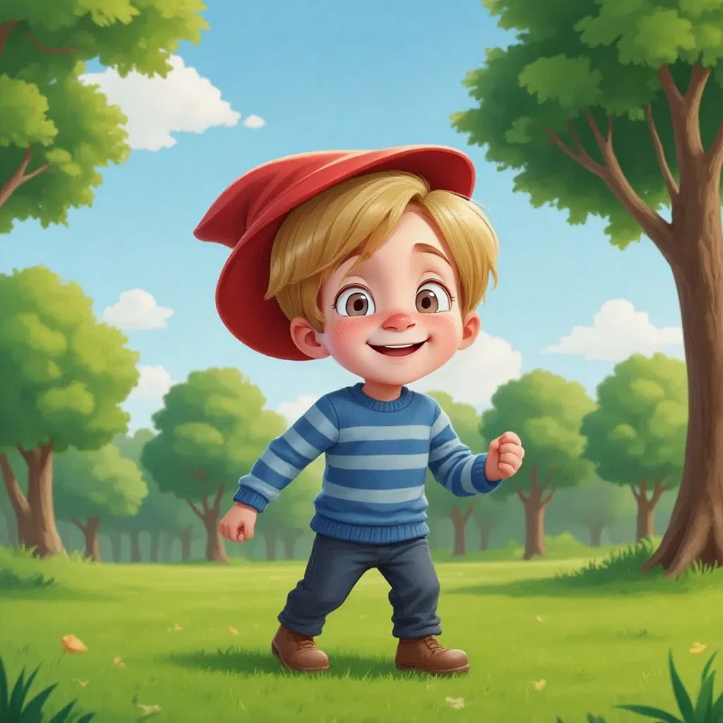 Sam running joyfully in a park, his bright red hat on his head