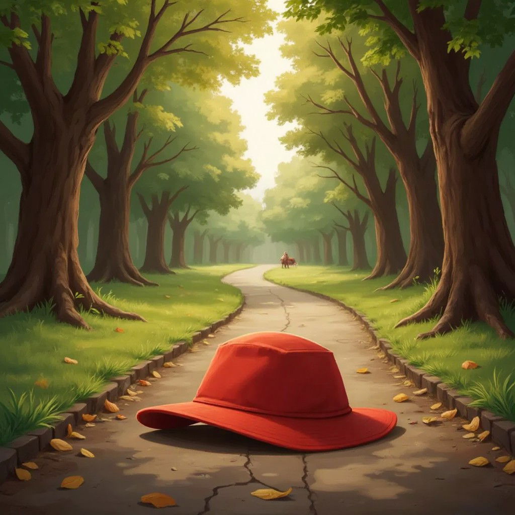 A bright red hat lying on a park path, trees in the background