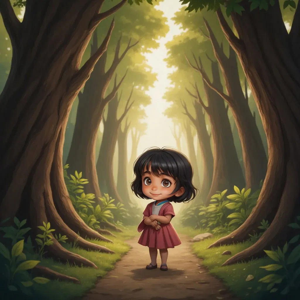 Princess Vaanya standing at the edge of a big, old forest, looking curious and excited