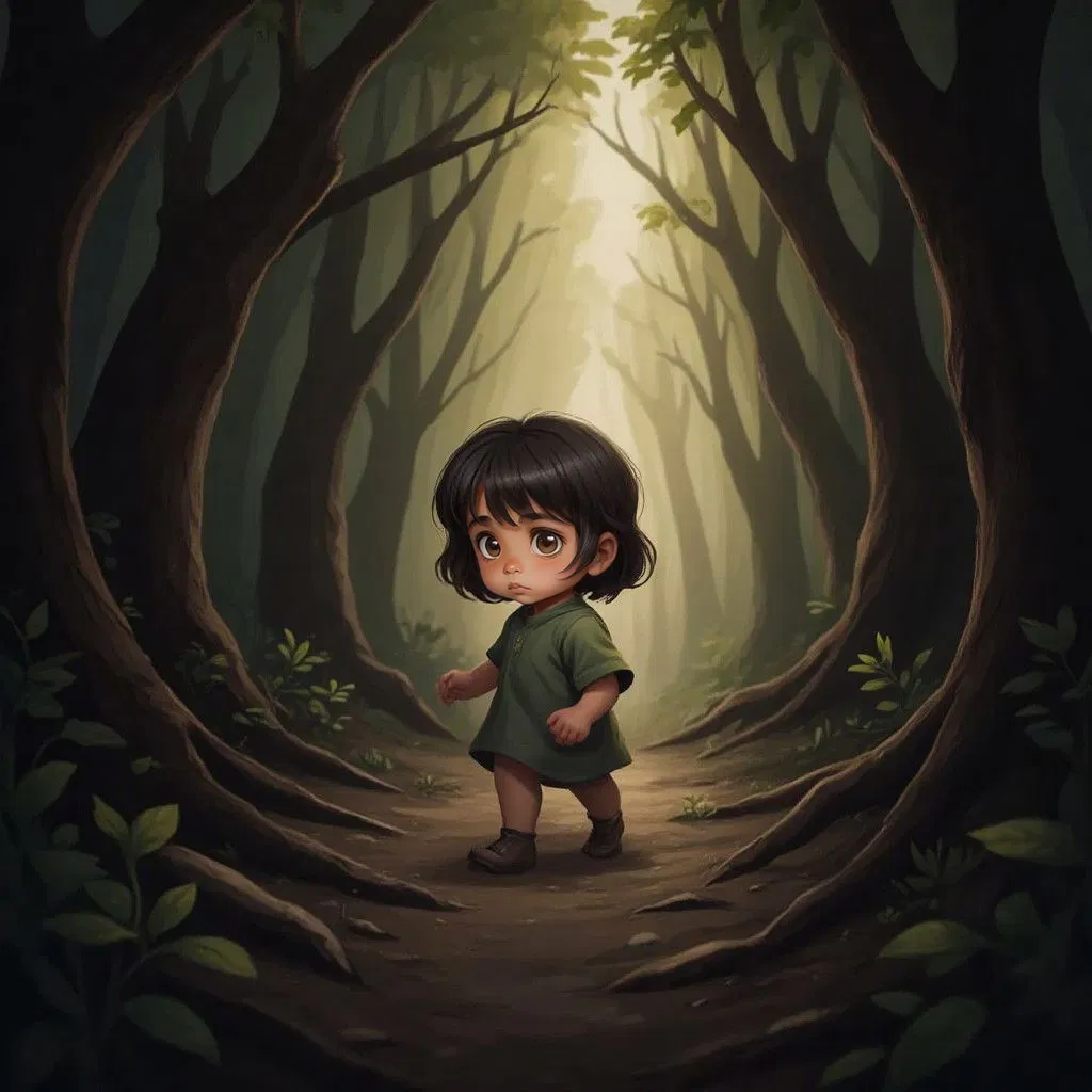 Vaanya walking slowly into a deep, dark forest with tall trees, her face showing bravery and wonder