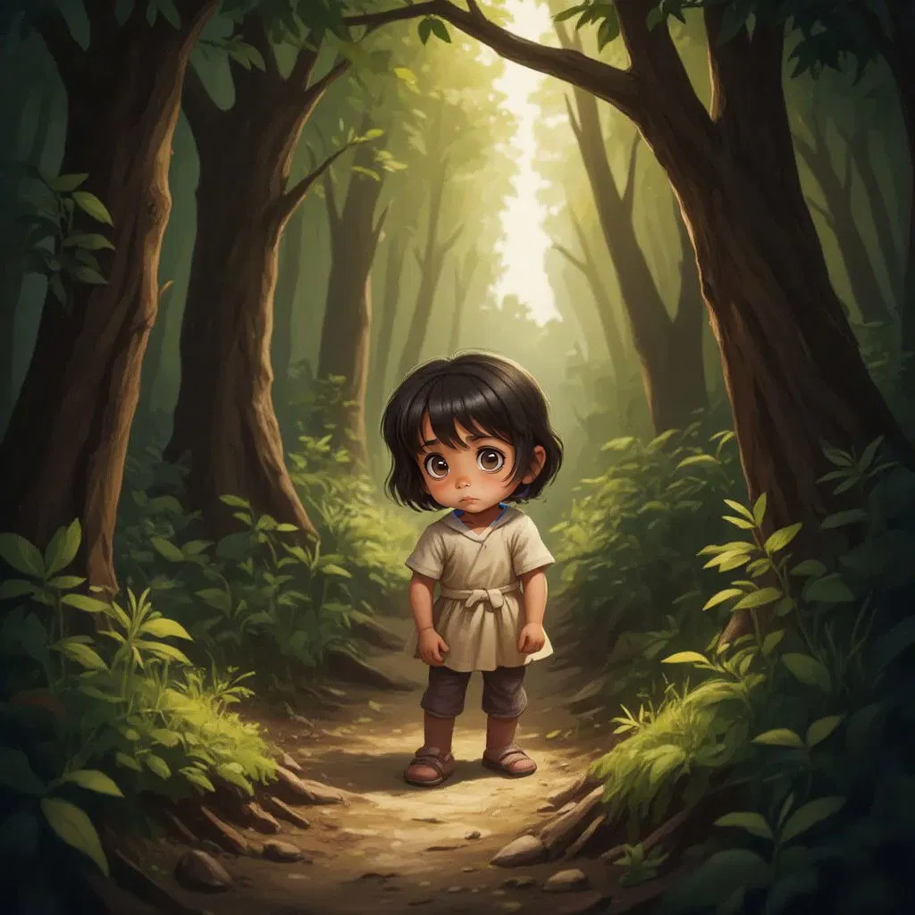 Vaanya standing on a hidden trail in the forest, her expression a mix of curiosity and slight fear