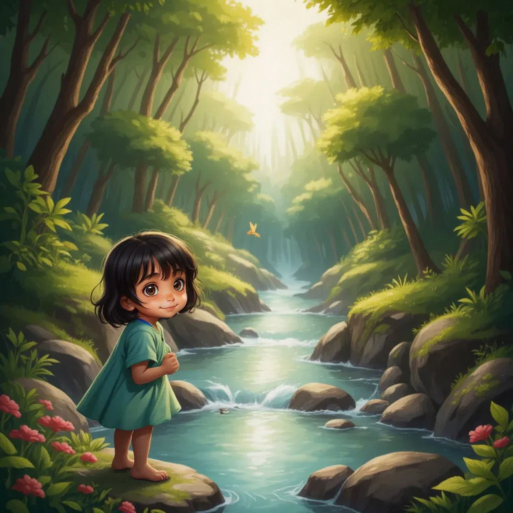 Vaanya standing by a sparkling river in the forest, looking in awe at the shimmering water