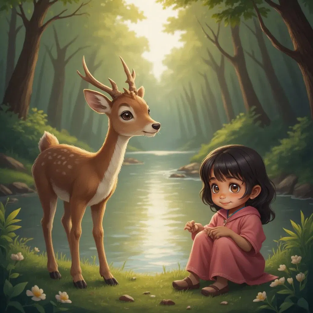 A gentle deer standing quietly beside Vaanya by the river, looking at her with kind eyes