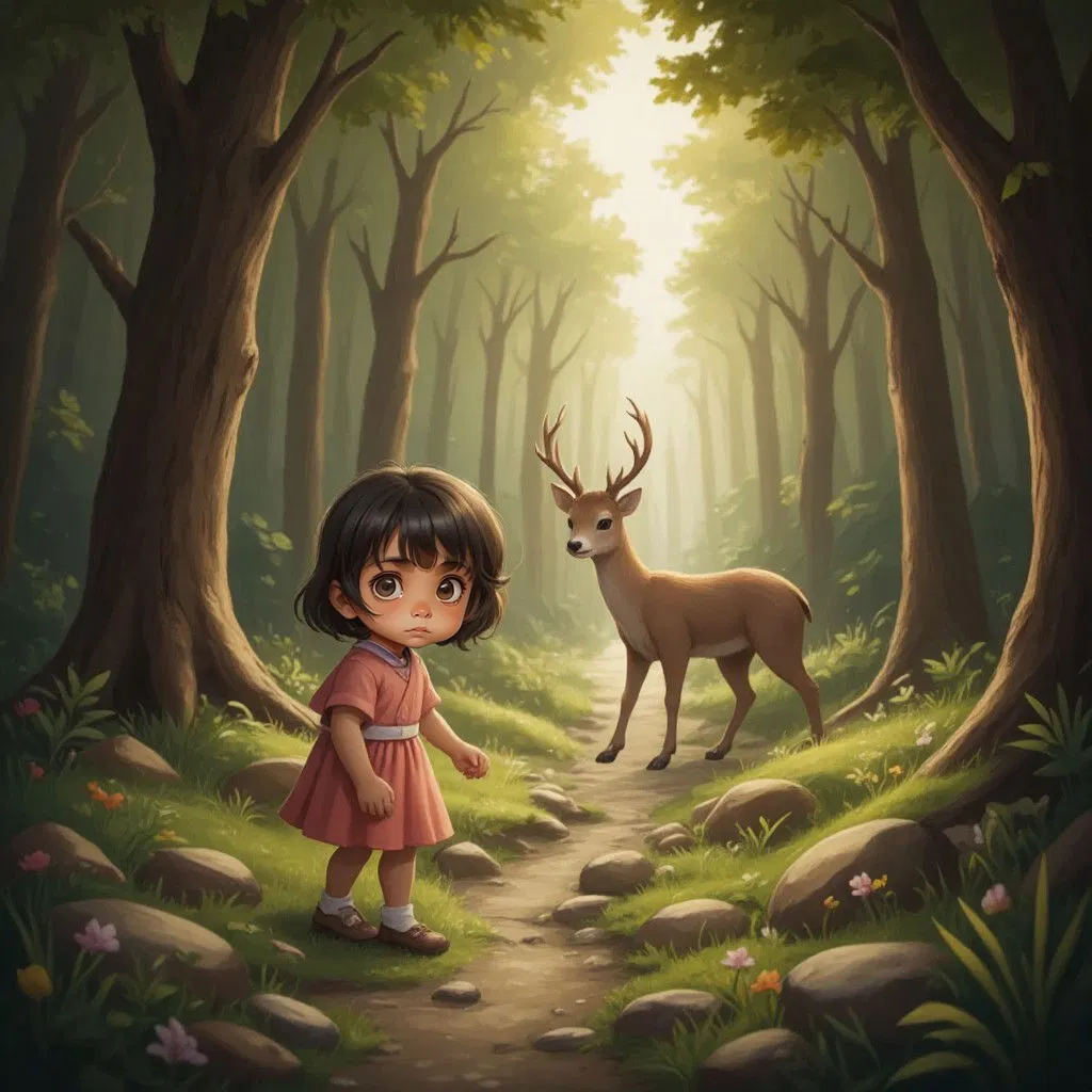 Vaanya following a deer along a hidden forest path, surrounded by tall, whispering trees