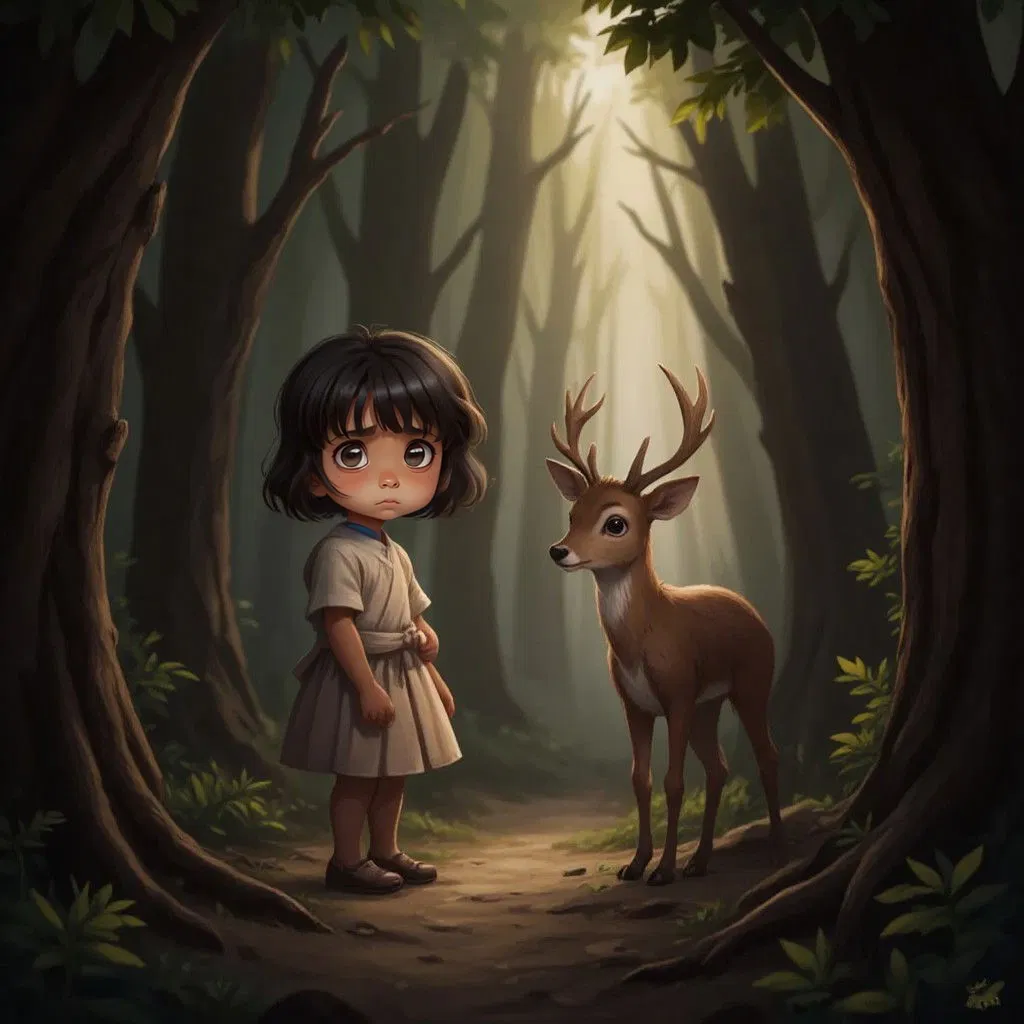 Vaanya looking worried as the forest grows darker, the deer standing close beside her