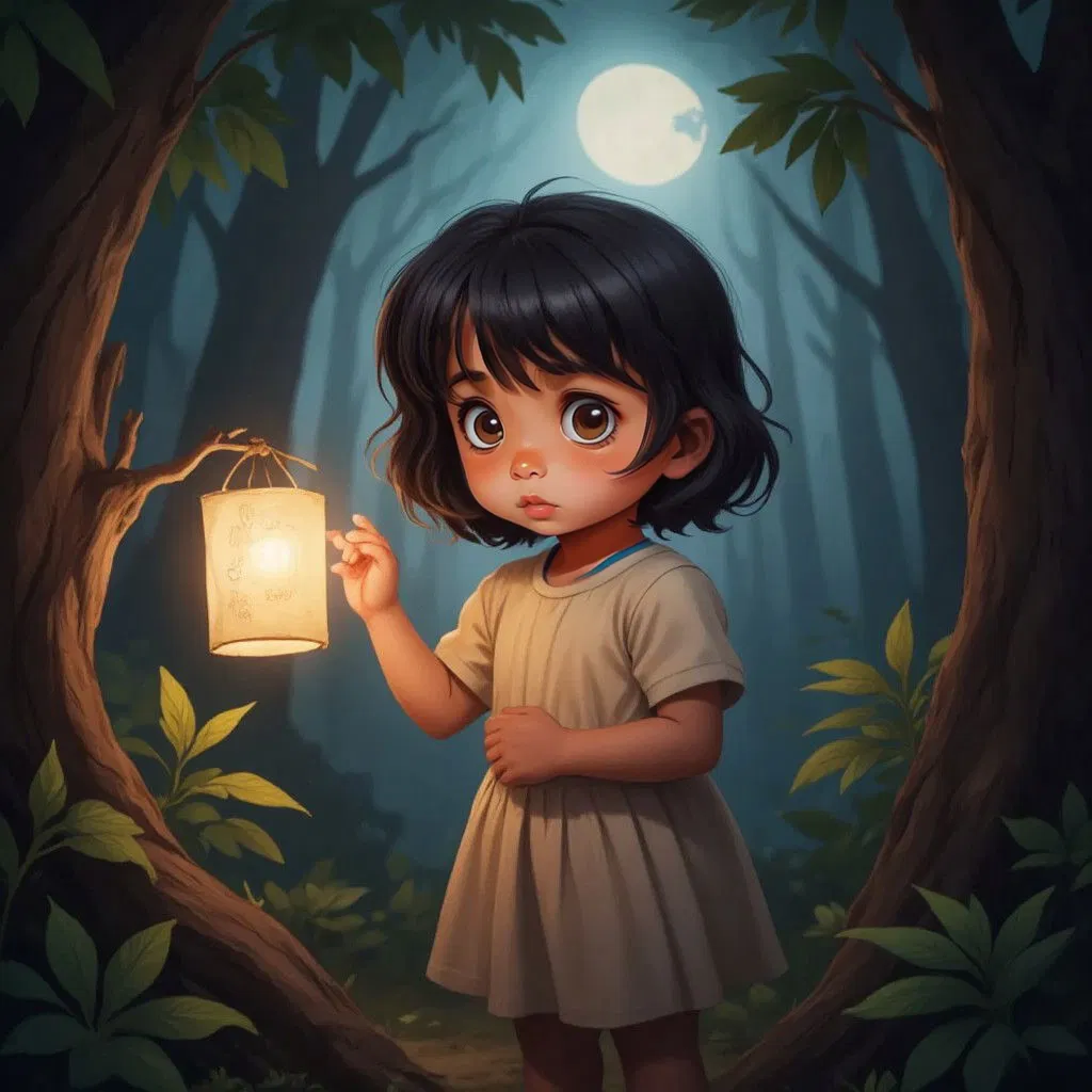 Vaanya reading a small note on a tree branch near the guiding light, her heart beating faster