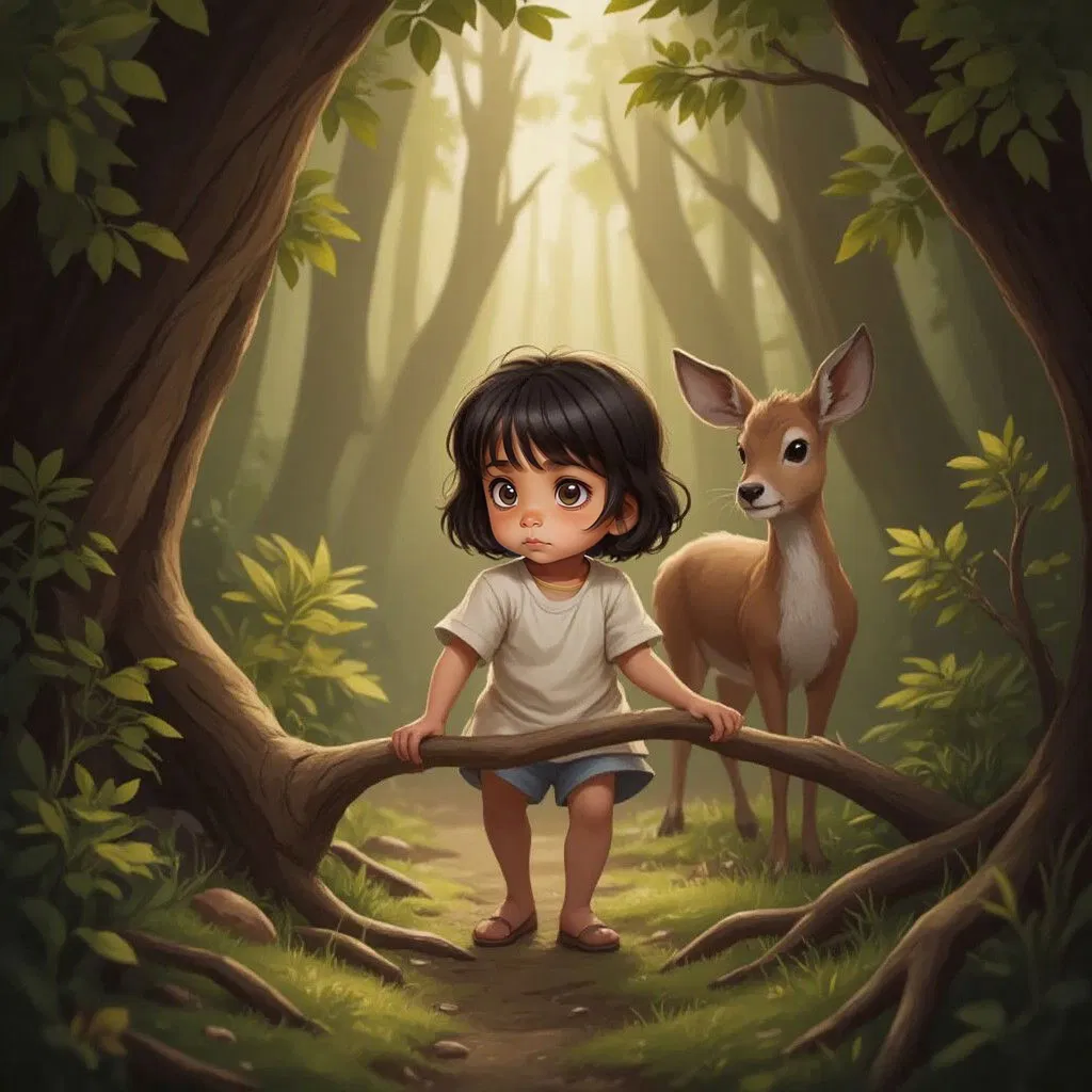 Vaanya carefully stepping over fallen branches on a hidden path, the deer helping her along