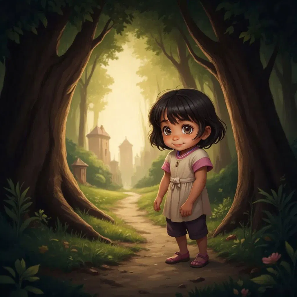 Vaanya emerging from the dark forest, seeing hints of familiar places with hope in her heart