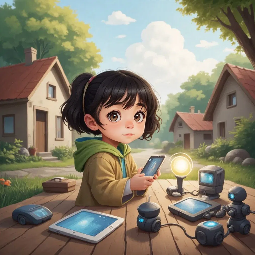 Talia, a 10-year-old girl with a curious expression, surrounded by various technological gadgets in a peaceful village setting.