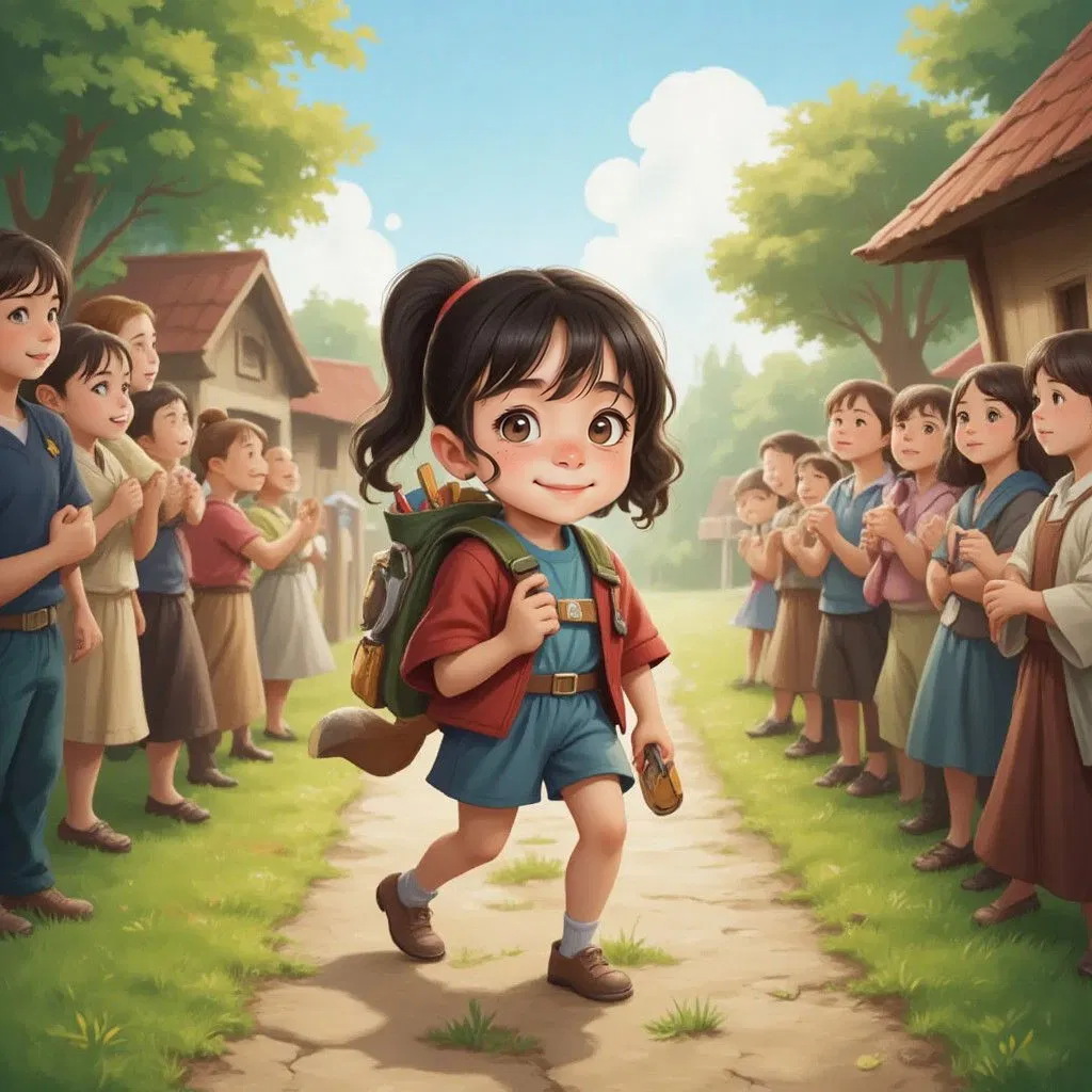 Talia, smiling and carrying a backpack of clever tools, walking down a path with cheering villagers in the background.