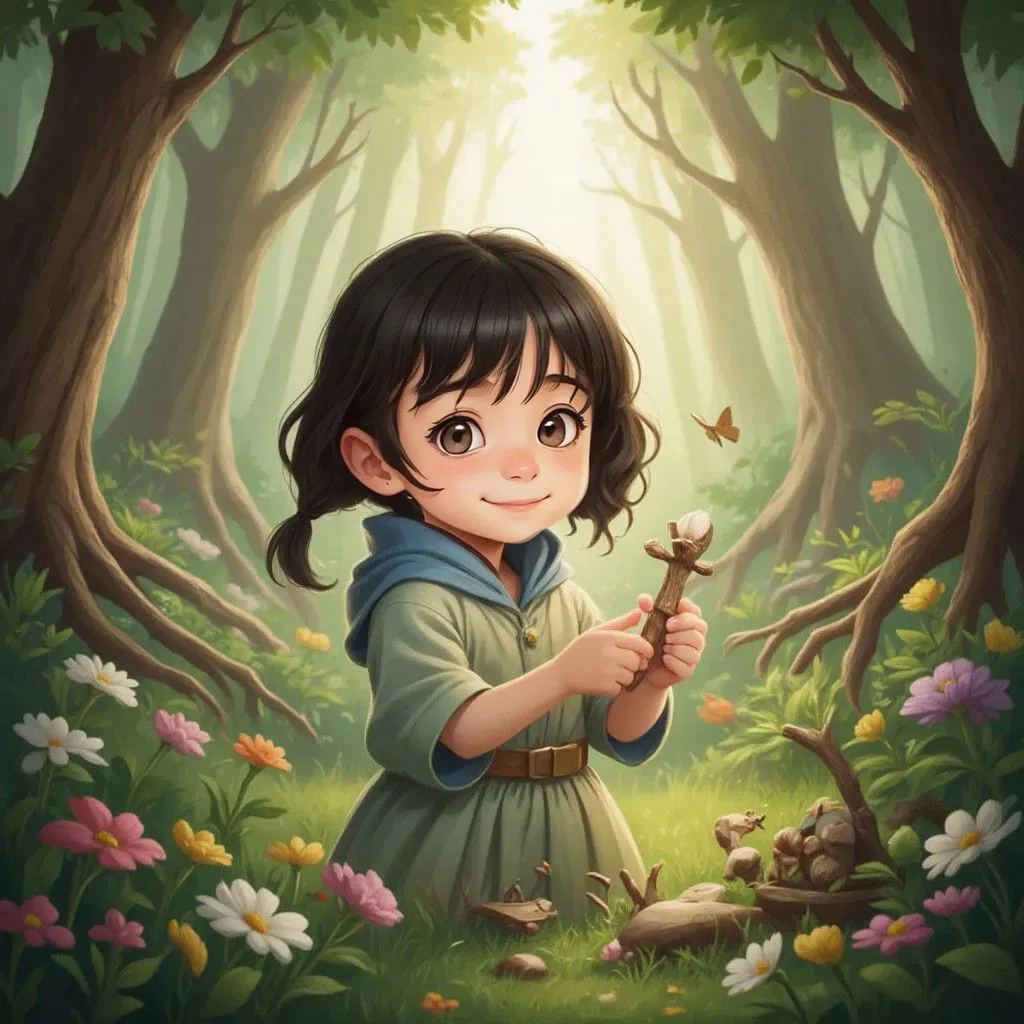 Talia, with a look of wonder, examining nature-made devices and puzzles in the heart of a lush, magical forest.