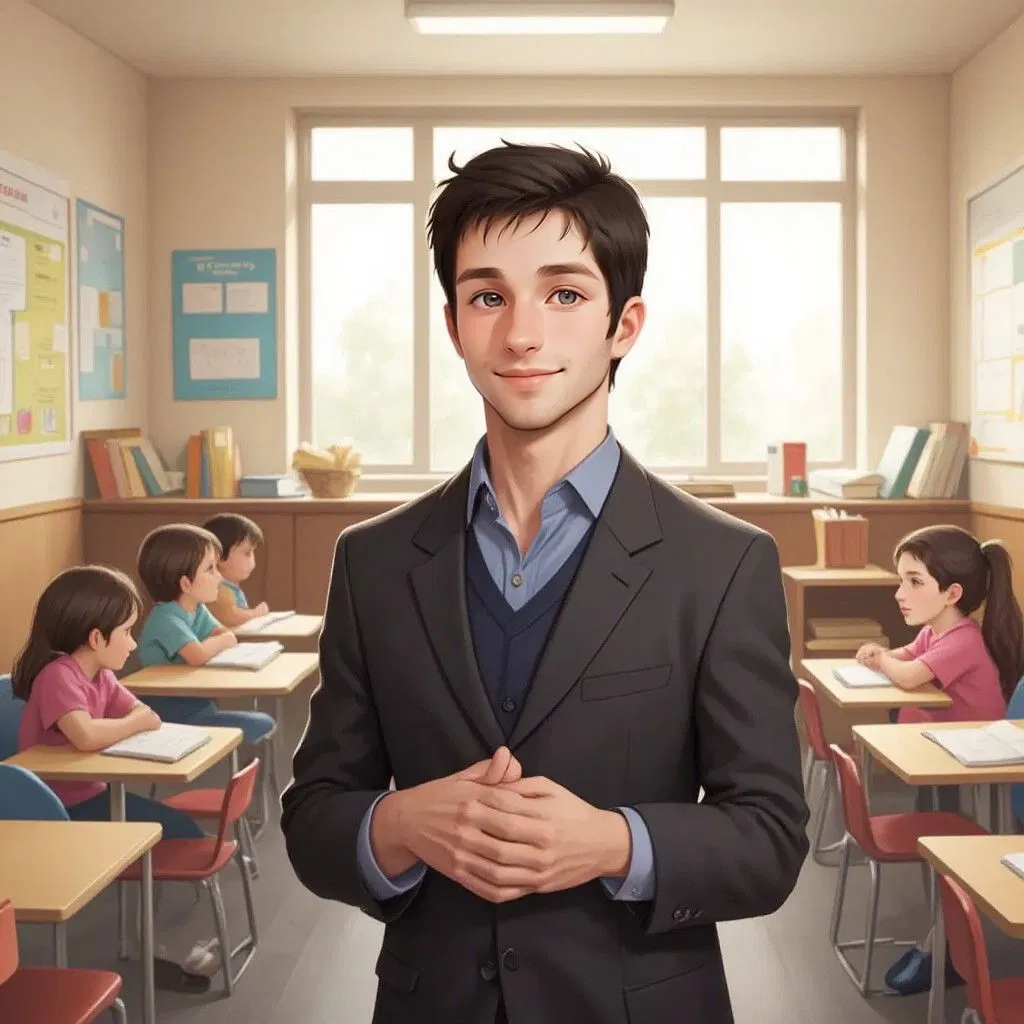 Mr. Darfi standing at the front of a bright classroom, smiling warmly with his hands clasped together. Students' desks and educational posters visible in the background