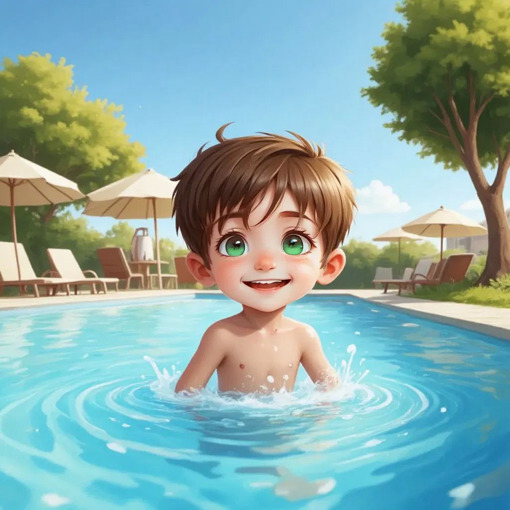 A bright and shiny pool glistening under the sun with Little Larry jumping excitedly near the poolside