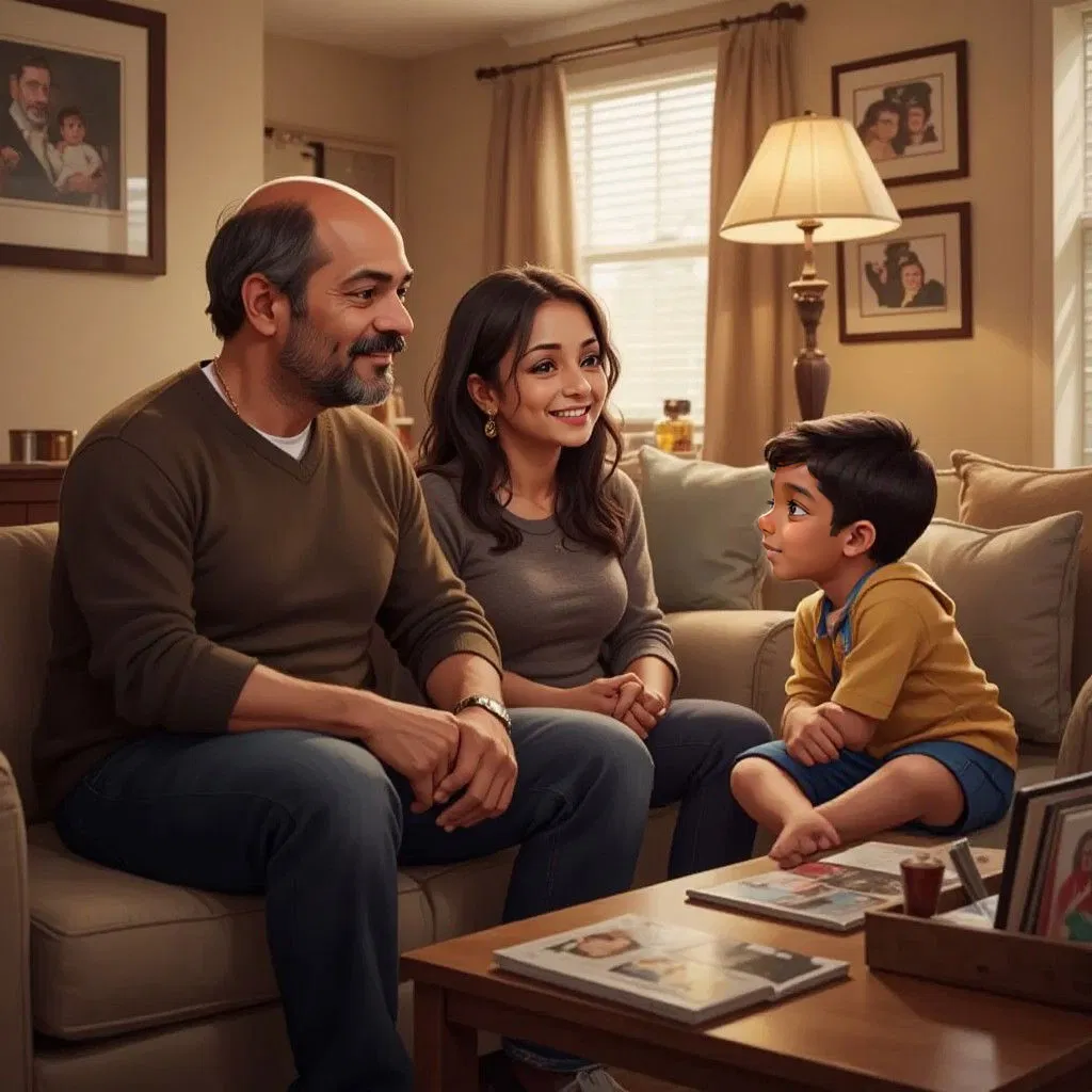 Adam's parents smiling warmly as they talk to Adam, who is listening with interest. A cozy living room setting. Adam's dad is 41 years old, fully bald head with a short gray beard. Adam's mom is 38 years old with long black hair wearing jeans and a sweater.