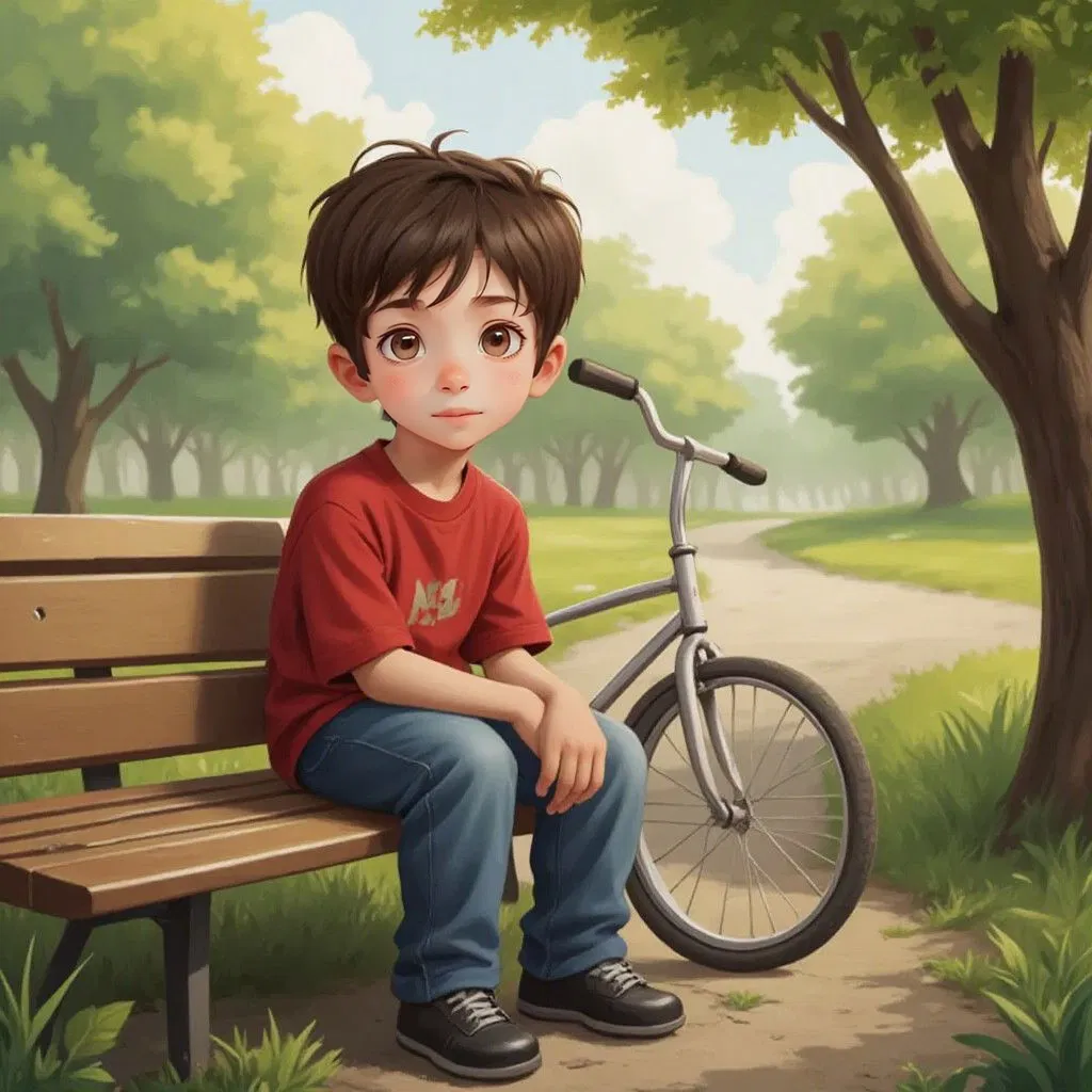 Logan sitting on a bench with a thoughtful expression, a bicycle leaning against the bench Wearing a plain red tshirt