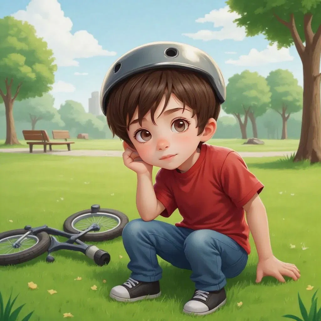 Logan wearing a helmet, sitting on the grass next to a fallen bicycle, looking a bit sad