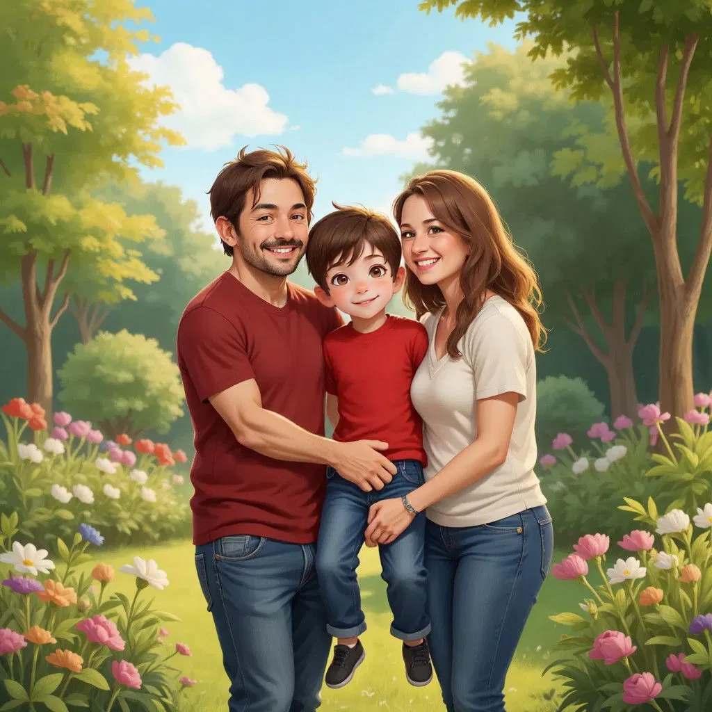 Logan being hugged by his smiling parents, standing in a sunny garden