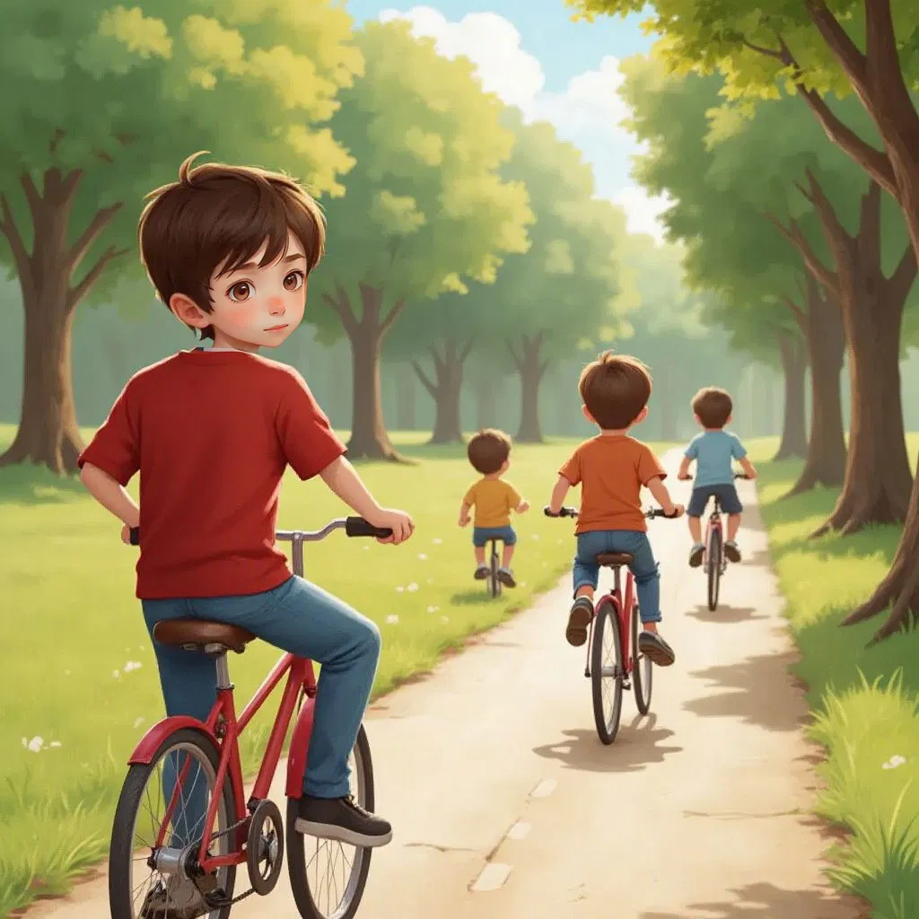 Logan sitting on his bicycle, but not riding the bike, with friends riding bikes ahead of him