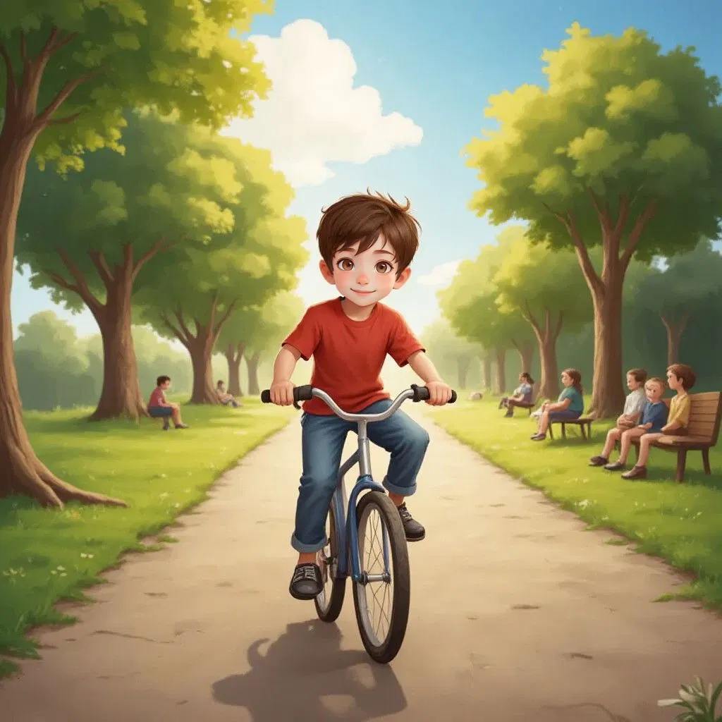 Logan riding his bicycle confidently down a sunny path at the park