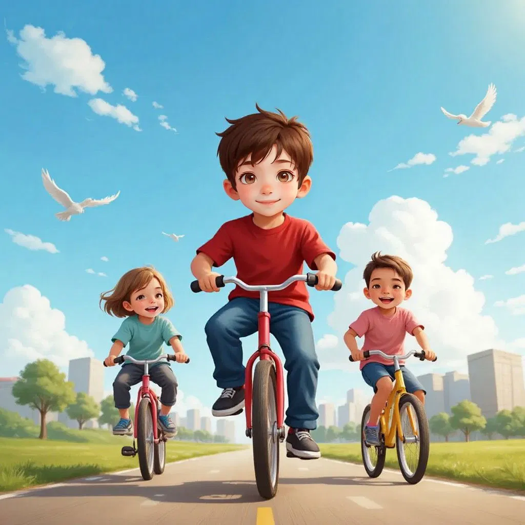 Logan riding his bicycle with a big smile riding amongst his friends with blue skies in the background