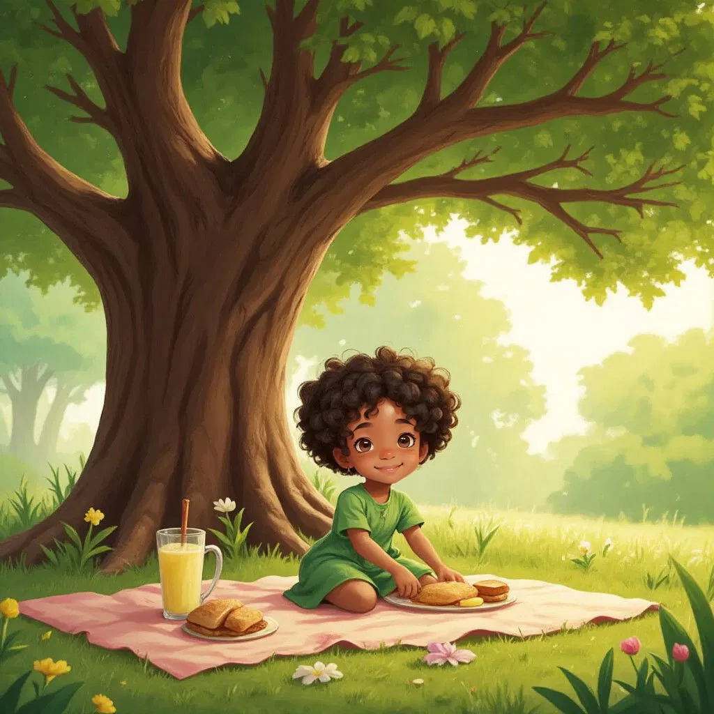 A picnic under a giant oak tree with a bright blanket, Zora setting out lemonade and sandwiches