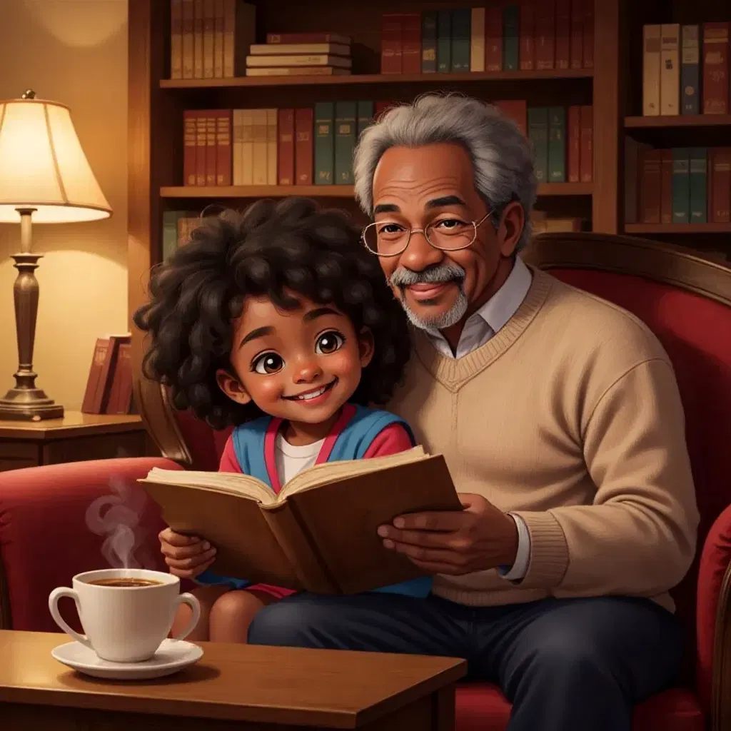 Mia sitting on a cozy couch with Grandpa Joe, both smiling as they share a story. Books and a warm lamp in the background.