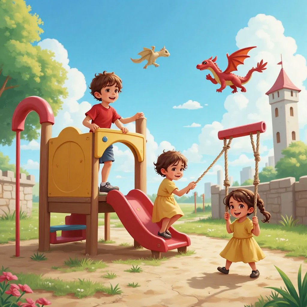 The trio playing on the playground, imagining a magical world with castles and dragons