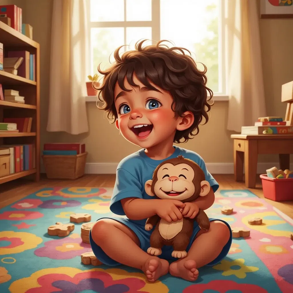 A child laughing with a small monkey plush toy, both sitting on a colorful rug.