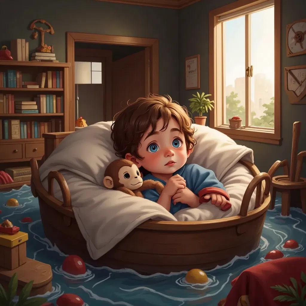 A child with a small monkey plush toy on a sea of blankets, pretending to steer a pirate ship.