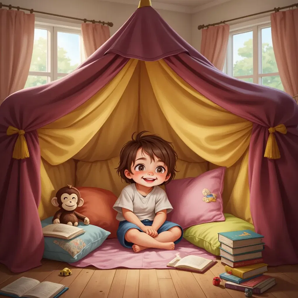 A cozy fort made of blankets with a child and a small monkey plush toy inside, smiling.