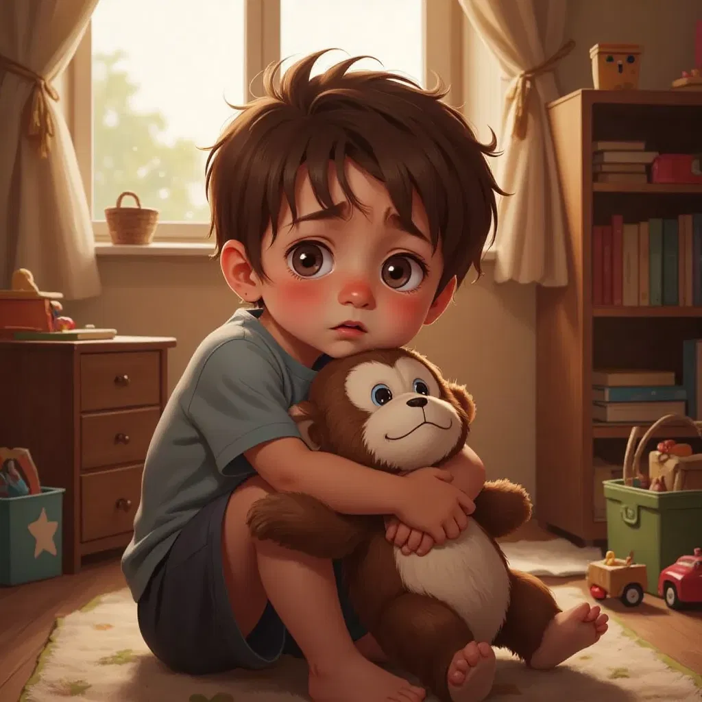 A child looking a bit sad, holding a small monkey plush toy that is giving a comforting hug.