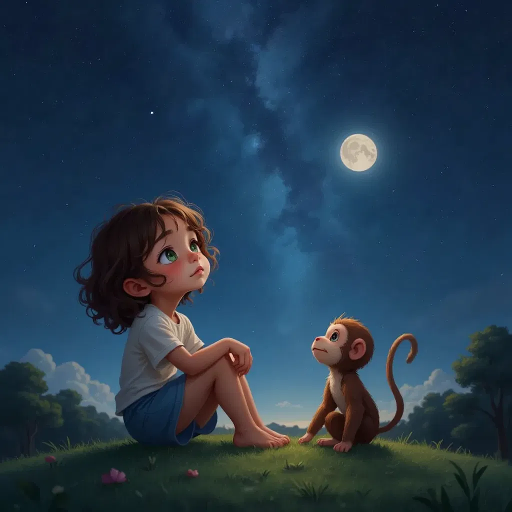 A child and a small monkey plush toy looking up at a starry night sky, feeling wonder.