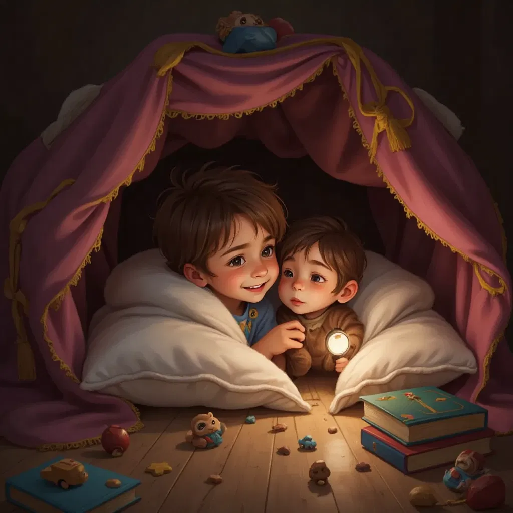 In a cozy fort, a child whispering to a small monkey plush toy, both surrounded by soft blankets.