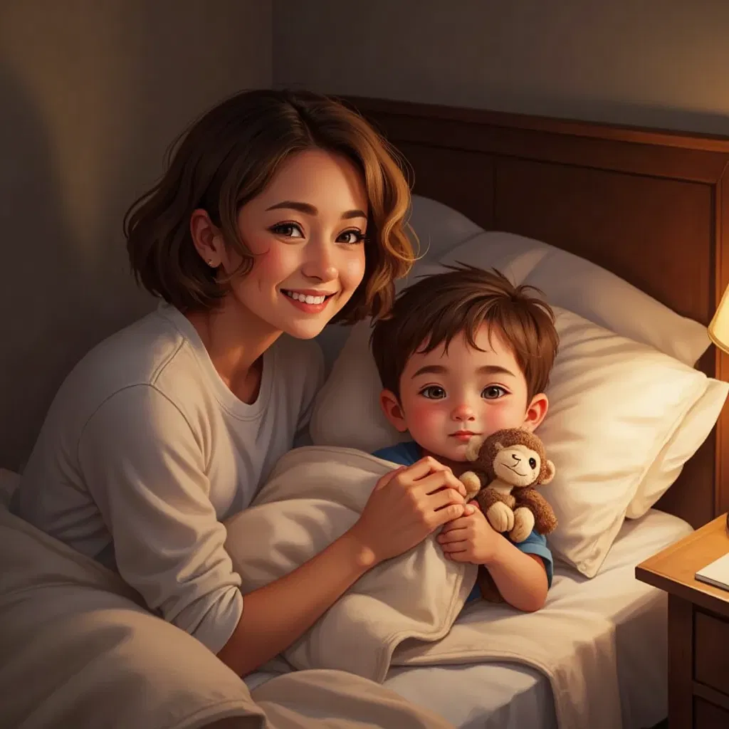 A smiling mother tucking in a child with a small monkey plush toy, both happy and content.