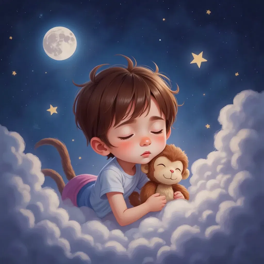 A child asleep, hugging a small monkey plush toy, both flying through a dreamy starry sky.