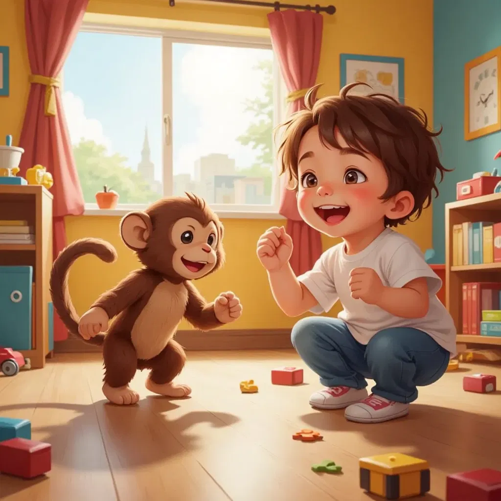 A small monkey plush toy performing silly tricks, a child laughing and cheering in a playful room.