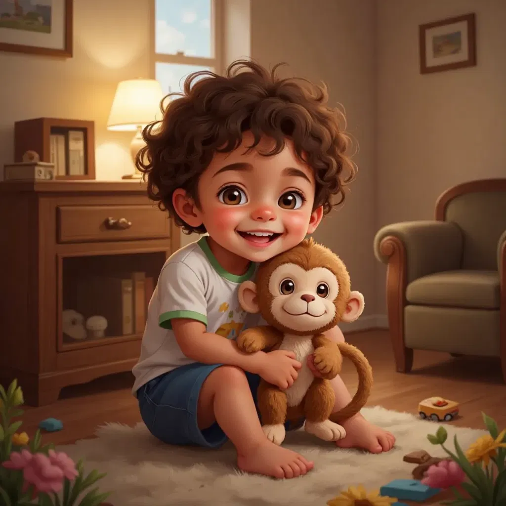 A child and a small monkey plush toy sharing a warm hug, hearts full of love.