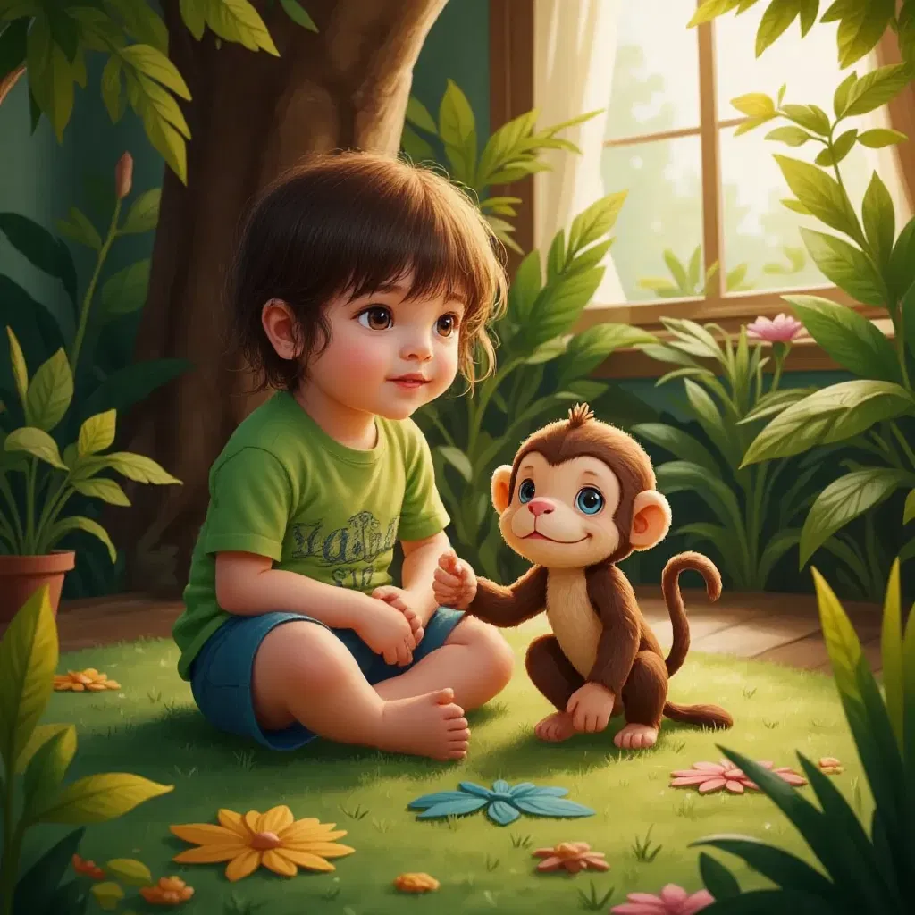 A child holding a small monkey plush toy's hand, surrounded by a green jungle-themed rug.