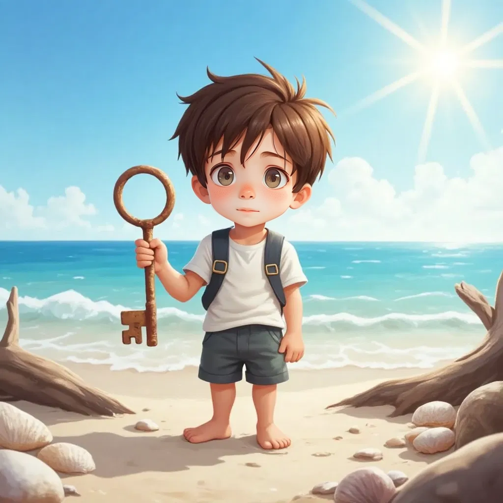 Finn holding a rusty key that glistens under the sunlight on the beach.